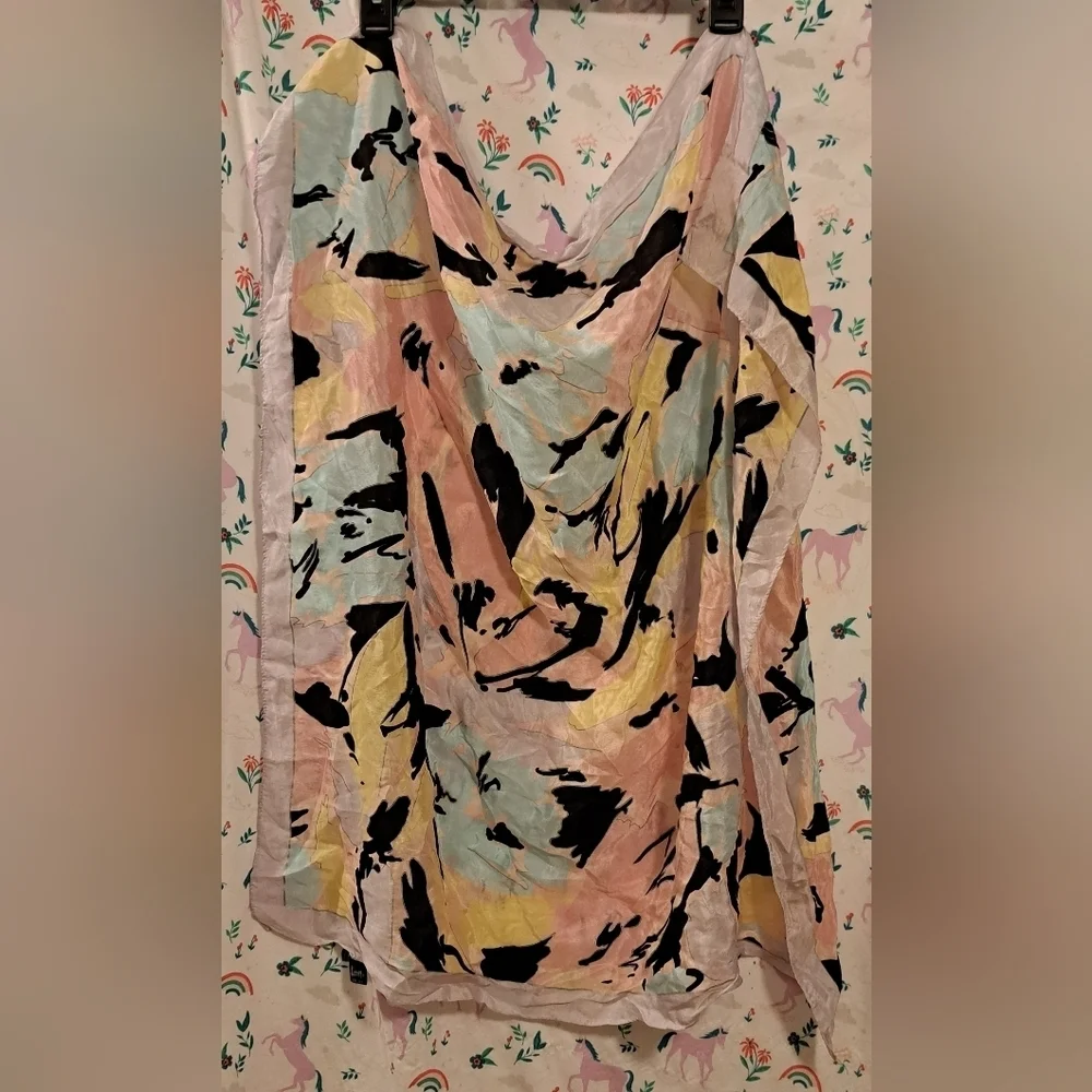 EUC Vintage 80s Honey Silk Pastel Graphic Retro Boho Neutral Casual Scarf Wrap